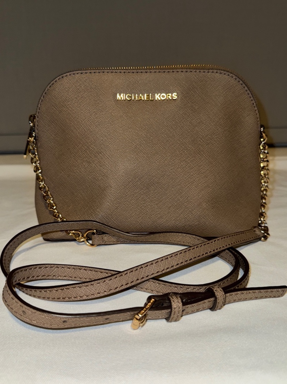 Michael Kors Taupe Saffiano Leather Crossbody with Gold Chain